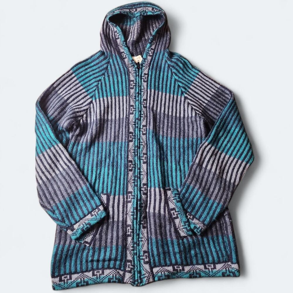 CHASQUI | Blue Teal Alpaca Wool Aztec Striped Hooded Full Zip Cardigan | M L